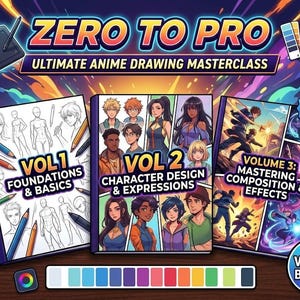 May include: An anime drawing masterclass bundle titled "Zero to Pro" featuring three volumes: Foundations & Basics, Character Design & Expressions, and Mastering Composition & Effects. Includes a drawing tablet, pencils, and a color palette.