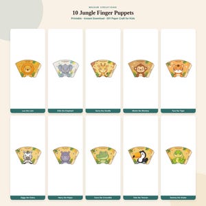 May include: A set of 10 printable jungle finger puppets featuring cartoon animals including a lion, elephant, giraffe, monkey, tiger, zebra, hippo, crocodile, toucan, and snake. The text reads MKHUB CREATIONS 10 Jungle Finger Puppets.