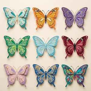 Nine colorful printable paper butterfly designs including Monarch and Blue Morpho laid flat for DIY craft