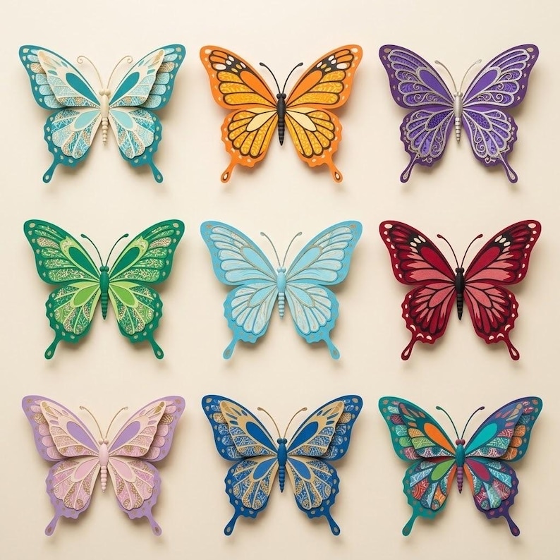 Nine colorful printable paper butterfly designs including Monarch and Blue Morpho laid flat for DIY craft