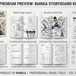 May include: Image of Manga Storyboard Kit Vol 3. The kit includes three volumes with advanced cinematic templates, multi-layer grids, and an integrated pacing system. The cover art features a manga character in action. The kit is designed for professional grade tools.