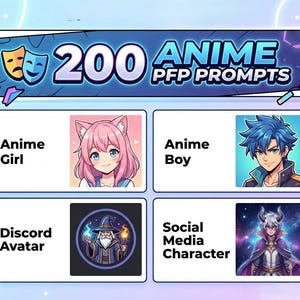 Puede incluir: Un gráfico digital titulado 200 ANIME PFP PROMPTS que presenta cuatro ilustraciones de personajes: una chica de pelo rosa con orejas de gato, un chico de pelo azul, un mago en un marco circular y un personaje con cuernos sobre un fondo cósmico.
