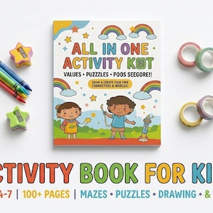 May include: An "All in One Activity Kit" book for kids, featuring colorful illustrations of rainbows and cartoon characters. Includes crayons, star-shaped pencil sharpeners, and decorative tape rolls. The book is for ages 4-7 and has over 100 pages.
