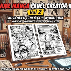 Pode incluir: Um caderno aberto intitulado "ANIME MANGA PANEL CREATOR KIT Vol 2" com painéis de banda desenhada, canetas e um tablet digital. O caderno exibe layouts e modelos dinâmicos. O texto "ADVANCED CINEMATIC WORKBOOK" é visível.