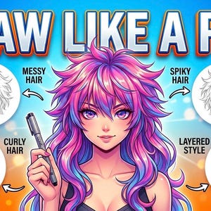 May include: Illustration with the text "DRAW LIKE A PRO" featuring a woman with vibrant pink, purple, and blue hair. The image includes examples of different hair styles: messy, spiky, curly, and layered.