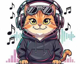 Cat DJ PNG, Vaporwave Headphones Clipart (Digital Download)