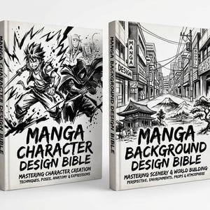 May include: Two hardcover books titled Manga Character Design Bible and Manga Background Design Bible. The first features an action-oriented character illustration, while the second displays a detailed urban street scene with a mountain landscape.
