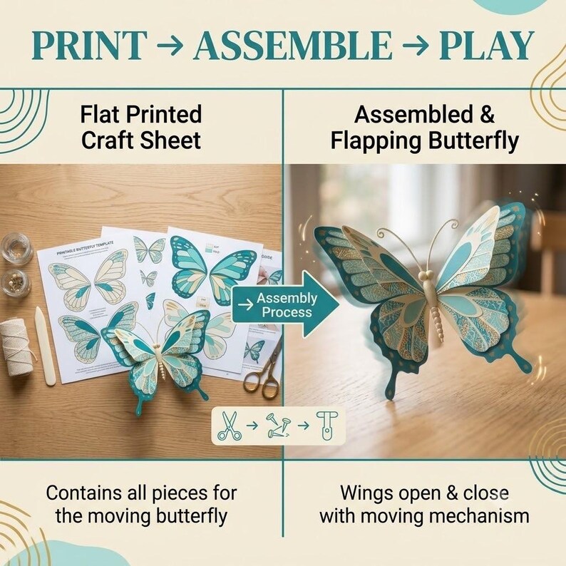 Print assemble play infographic showing flat butterfly craft sheet transforming into flapping paper butterfly toy