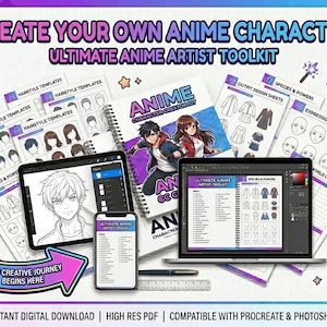 May include: An anime artist toolkit with the text "Create Your Own Anime Character." The image includes a tablet, laptop, and smartphone displaying anime character designs. There are also hairstyle templates, outfit design sheets, and a notebook with anime characters.