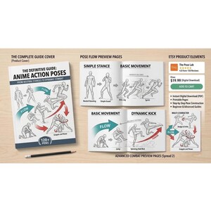 Könnte beinhalten: Ein Leitfaden mit dem Titel "THE DEFINITIVE GUIDE: ANIME ACTION POSES" mit Illustrationen von Actionposen. Vorschauseiten zeigen einfache Stellungen, Grundbewegungen und dynamische Tritte. Der Preis beträgt 19,99 € für einen digitalen Download.
