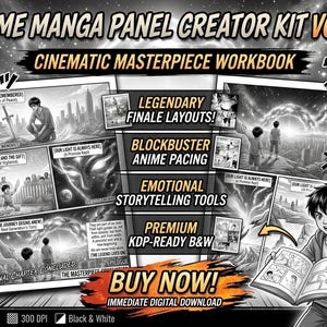 May include: Black and white Anime Manga Panel Creator Kit Vol 6 workbook. The cover features manga panels with text like "Legendary Finale Layouts!" and "Emotional Storytelling Tools." A young man is reading a manga book. The words "Buy Now!" are also visible.