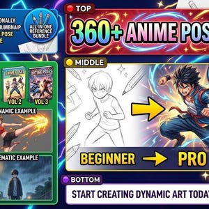 Könnte beinhalten: Eine Werbegrafik für Anime-Kunstunterricht. Das Bild zeigt ein lebendiges Design mit dem Text "360+ Anime Posen" und Beispielen für dynamische Posen. Es enthält einen Anfänger- bis Profi-Fortschritt und ein Bundle der Bände 1, 2 und 3.