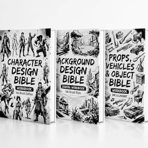 May include: Three white books with black ink-brush illustrations. The first is titled Character Design Bible, the second Background Design Bible, and the third Props, Vehicles & Object Bible. Each cover features detailed sketches and text.