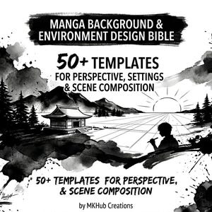 以下が含まれることがあります： 「Manga Background & Environment Design Bible」と題された白黒のデジタルガイド。パース、背景、シーン構成のための50以上のテンプレートを収録。表紙には、寺院、山、人物が描かれた墨絵風の風景画がデザインされています。