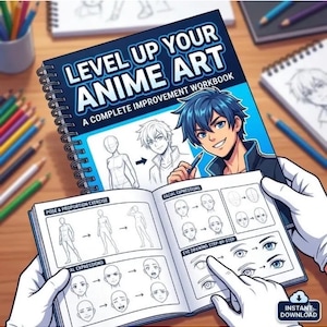Puede incluir: Un cuaderno con espiral titulado "Level Up Your Anime Art" con una cubierta azul que presenta ilustraciones de estilo anime. Las páginas abiertas muestran tutoriales de dibujo para poses, expresiones faciales y dibujo de ojos. Lápices de colores y un cuaderno de bocetos son visibles.