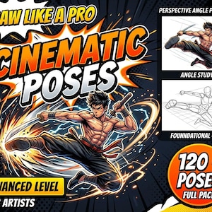 Op de afbeelding: Digitale kunstafbeelding met de tekst "DRAW LIKE A PRO CINEMATIC POSES" in oranje en geel. De afbeelding toont een gespierde mannelijke figuur in een dynamische actiepose, met wapens. Extra tekst bevat "ADVANCED LEVEL FOR ARTISTS" en "120+ POSES FULL PACK".