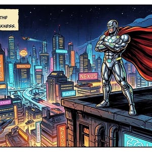 Può includere: Illustrazione di fumetti di una città futuristica di notte, con insegne al neon e veicoli volanti. Un supereroe in tuta argentata e mantello rosso è in piedi su un tetto. Il testo recita: "Neo-Veridian: Una città illuminata dallo splendore del progresso... e oscurata dalle tenebre."