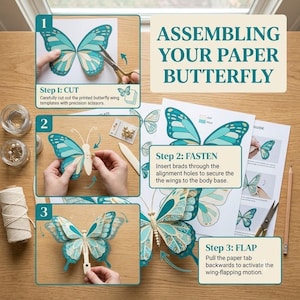 Step by step instructions showing how to cut, assemble, and attach pull tab to paper butterfly craft
