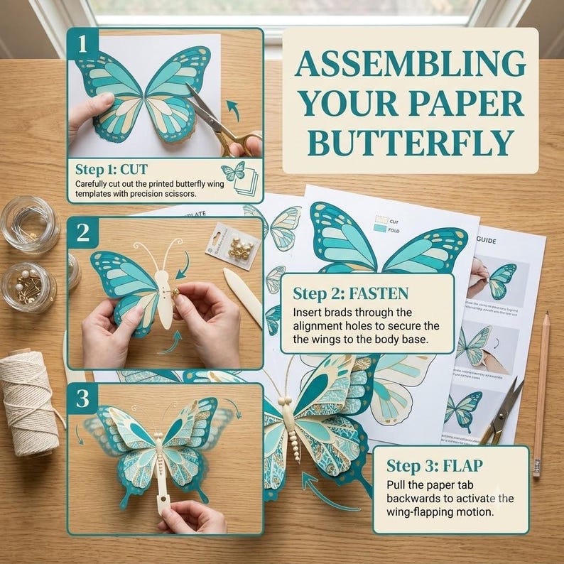 Step by step instructions showing how to cut, assemble, and attach pull tab to paper butterfly craft