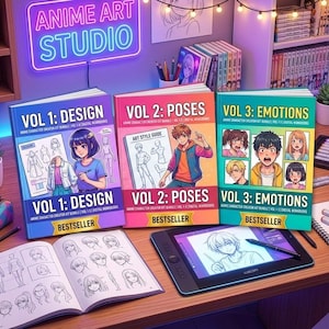 May include: Three anime art books titled "Vol 1: Design", "Vol 2: Poses", and "Vol 3: Emotions" are displayed on a wooden desk. A digital drawing tablet and open sketchbook are also present. The books have colorful covers with anime character illustrations. The text "ANIME ART STUDIO" is in neon lights.