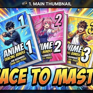 Könnte beinhalten: Drei Anime-Bücher mit leuchtenden Einbänden. Die Bücher sind mit 1, 2 und 3 nummeriert und zeigen Anime-Charaktere. Der Text auf den Büchern lautet "ANIME TRACING BUNDLE" und "TRACE TO MASTER". Der Hintergrund hat Comic-Effekte.
