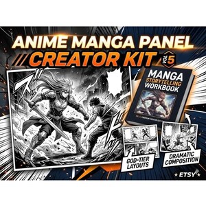 May include: An anime manga panel creator kit with the text "Anime Manga Panel Creator Kit Vol. 5". The image features a manga storytelling workbook, manga panels, and the Etsy logo.