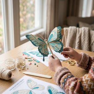 Child playing with handmade flapping paper butterfly craft toy at home table