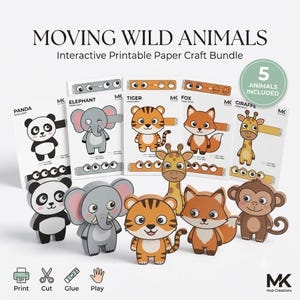 Easy DIY Moving Wild Animals Printable | Interactive Paper Craft Bundle for Kids | Pull Tab Animal Activity | Instant Download PDF