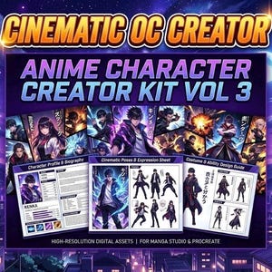 May include: A digital art kit titled "ANIME CHARACTER CREATOR KIT VOL 3" with the text "CINEMATIC OC CREATOR" at the top. The image features character sheets, pose guides, and a cityscape background. Includes the text "HIGH-RESOLUTION DIGITAL ASSETS | FOR MANGA STUDIO & PROCREATE."
