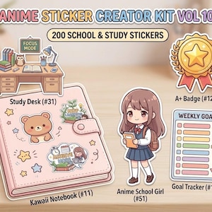 May include: Anime Sticker Creator Kit Vol 10 featuring 200 school and study stickers. Includes a pink notebook with bear and girl stickers, a study desk illustration, an A+ badge, a weekly goal tracker, and an anime school girl character sticker.