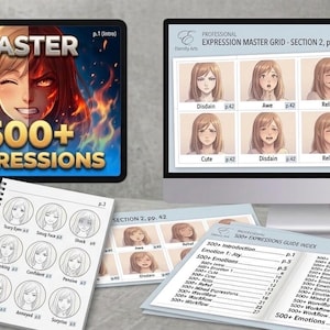 Övningsblad för animeuttryck – Referensguide för mangans ansikten, karaktärsdesignkit (digital nedladdning)