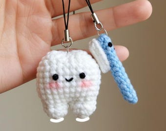 Zahn und Zahnbürste Häkelanleitung | Amigurumi Schlüsselanhänger PDF (Video Anleitung)