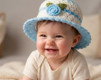 Modello per cappellino da sole all'uncinetto con volant e fiori / Cappellino estivo per neonati con fiore / Tutorial per cappellino da sole per principianti / Modello per cappellino da neonato all'uncinetto + Video guida