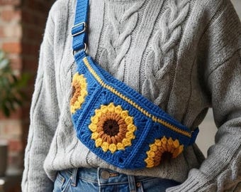 ひまわり柄のグランマスクエア型ウエストポーチかぎ針編みパターン｜バナナバッグ（PDF版）（動画ガイド付き）