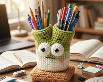 Schema per portapenne all'uncinetto / Folletto di porro all'uncinetto / Organizer da scrivania amigurumi in PDF / Vaso di fiori carino / Guida video per schemi di decorazione domestica