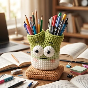 May include: A whimsical, handmade crochet pen holder in the shape of a cartoon character. The holder is green and white, with large, googly eyes and a small mouth. It sits on a brown crocheted base and holds various pens and pencils.