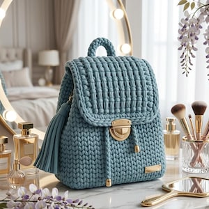 May include: A light blue, hand-crocheted backpack with a flap closure and a tassel. The bag features a gold-coloured clasp and a small rectangular tag. The backpack is displayed on a marble surface with makeup brushes and perfume bottles.