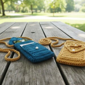 K&ouml;nnte beinhalten: Zwei handgefertigte H&auml;keltaschen auf einem Holztisch. Eine tealblaue Handytasche mit einem senffarbenen Riemen und eine senffarbene kleine Geldb&ouml;rse mit Klappe und Perlenknopfverschluss sind zu sehen.