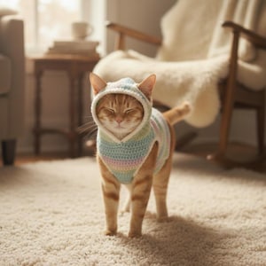 May include: An orange tabby cat wearing a pastel-colored crocheted hoodie and sweater. The cat is standing on a cream-colored carpet, with its eyes closed. The hoodie and sweater have a striped pattern of blue, pink, and yellow.