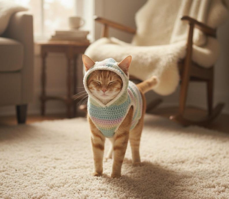 May include: An orange tabby cat wearing a pastel-colored crocheted hoodie and sweater. The cat is standing on a cream-colored carpet, with its eyes closed. The hoodie and sweater have a striped pattern of blue, pink, and yellow.