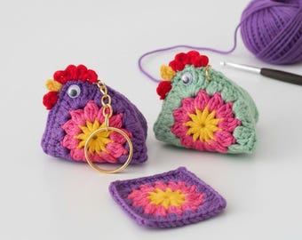 Schema per portachiavi a forma di pollo all'uncinetto / Amigurumi a quadrato della nonna per principianti (schema in PDF)
