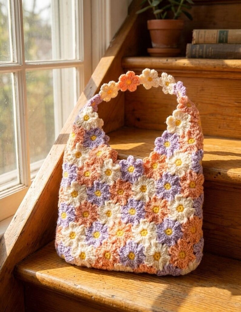May include: A handmade crochet tote bag featuring a daisy pattern in shades of peach, lavender, cream, and yellow. The bag has a scalloped top edge and a handle made of crocheted flowers. The bag is sitting on wooden stairs.