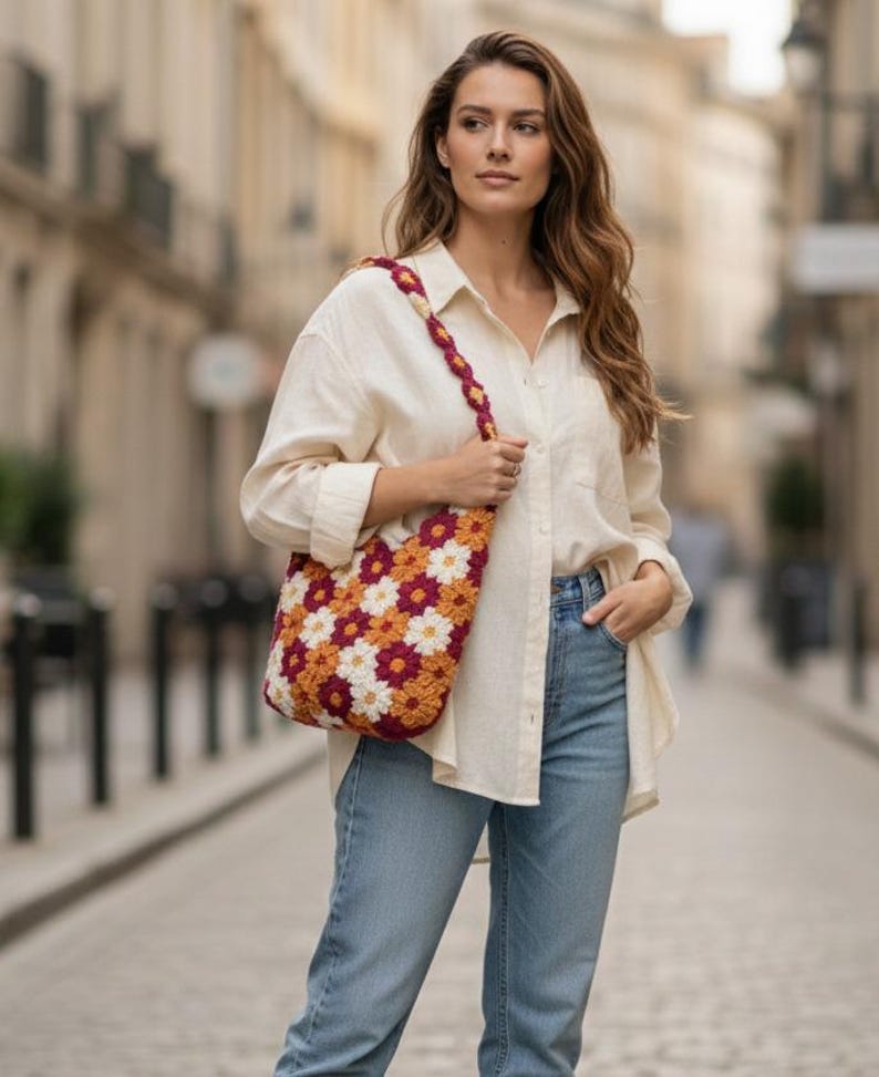May include: A colorful crochet tote bag with a floral pattern in shades of white, orange, and burgundy. The bag has a matching strap and is carried over the shoulder. The background is a blurred city street.