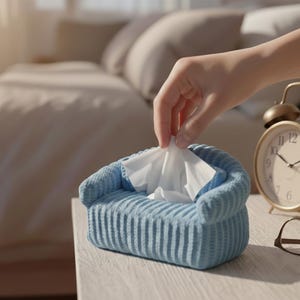 May include: A light blue, knitted tissue box cover shaped like a miniature sofa. A hand is reaching in to grab a white tissue. A gold alarm clock and eyeglasses sit on the table next to the tissue box.
