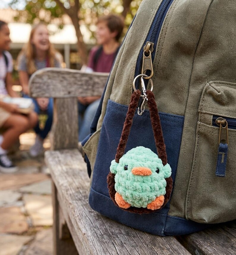 May include: A handmade, mint green crochet keychain shaped like a small bird, with orange feet and beak. The keychain is attached to a brown loop and hangs from a green and blue backpack. The background shows a wooden bench and children.