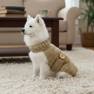 May include: A white dog wearing a tan crochet sweater with a matching turtleneck collar. The sweater has a large wooden button closure on the side. The dog is sitting on a white shag rug.