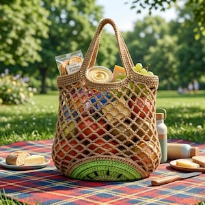 May include: A brown crocheted tote bag filled with fruits, crackers, cheese, and hummus. The bag has a kiwi-slice design on the bottom and a sturdy handle. The bag is sitting on a red and blue plaid picnic blanket.