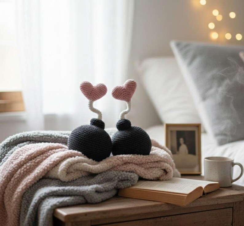 May include: Two black crochet bombs with pink heart-shaped tops sit on a plush blanket. The bombs have white stems and are placed on a wooden table. A framed photo, a mug, and an open book are also on the table.