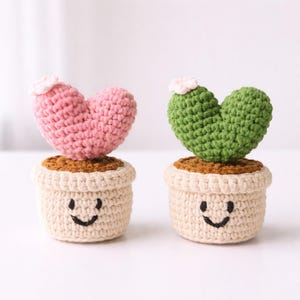 Può includere: Due cactus all'uncinetto. Uno ha una parte superiore a forma di cuore rosa con un piccolo fiore bianco, l'altro ha una parte superiore a forma di cuore verde con un piccolo fiore bianco. Entrambi sono in vasi bianco sporco con facce sorridenti e terra marrone.