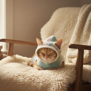 May include: An orange tabby cat wearing a pastel-colored crochet hoodie with ear flaps, resting on a fluffy, cream-colored cushion. The cat is sitting on a wooden chair with a cream-colored blanket draped over the back.